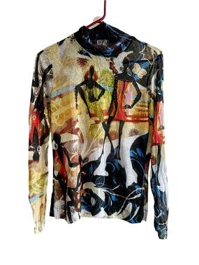 Svetlana Vintage 90s Abstract Art Nouveau Style Figure Print Beaded Long Sleeve